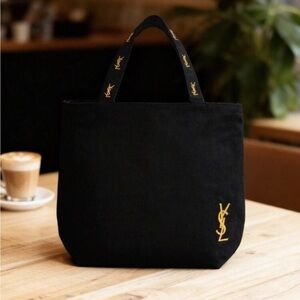 Yves Saint Laurent Parfumes Black and Hot Pink Canvas Tote with Gold Logo